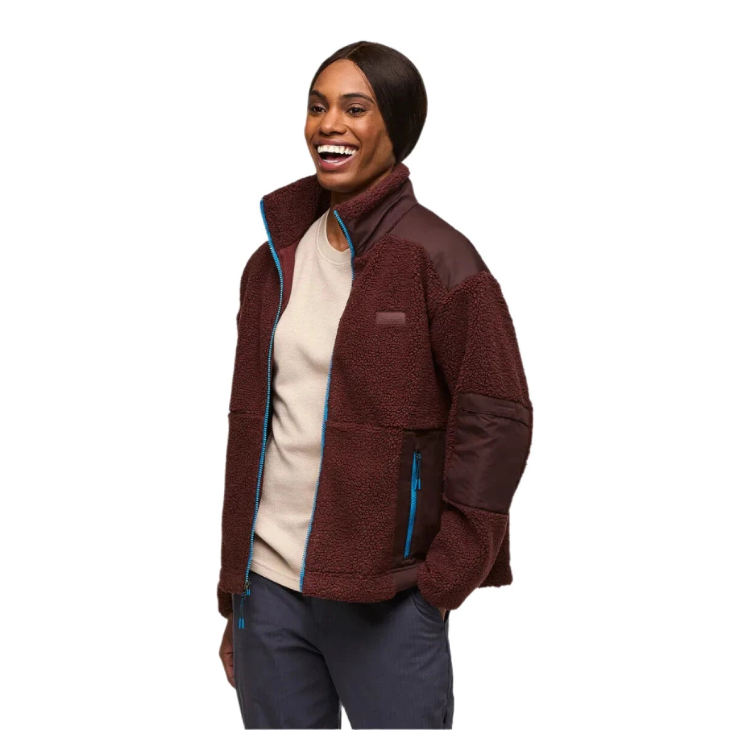 Cotopaxi Women's Bacano Fleece Jacket, Chestnut/Coffee. Front view, open.