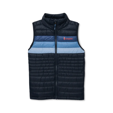 Black puffer vest with blue accents on a white background