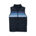Black puffer vest with blue accents on a white background