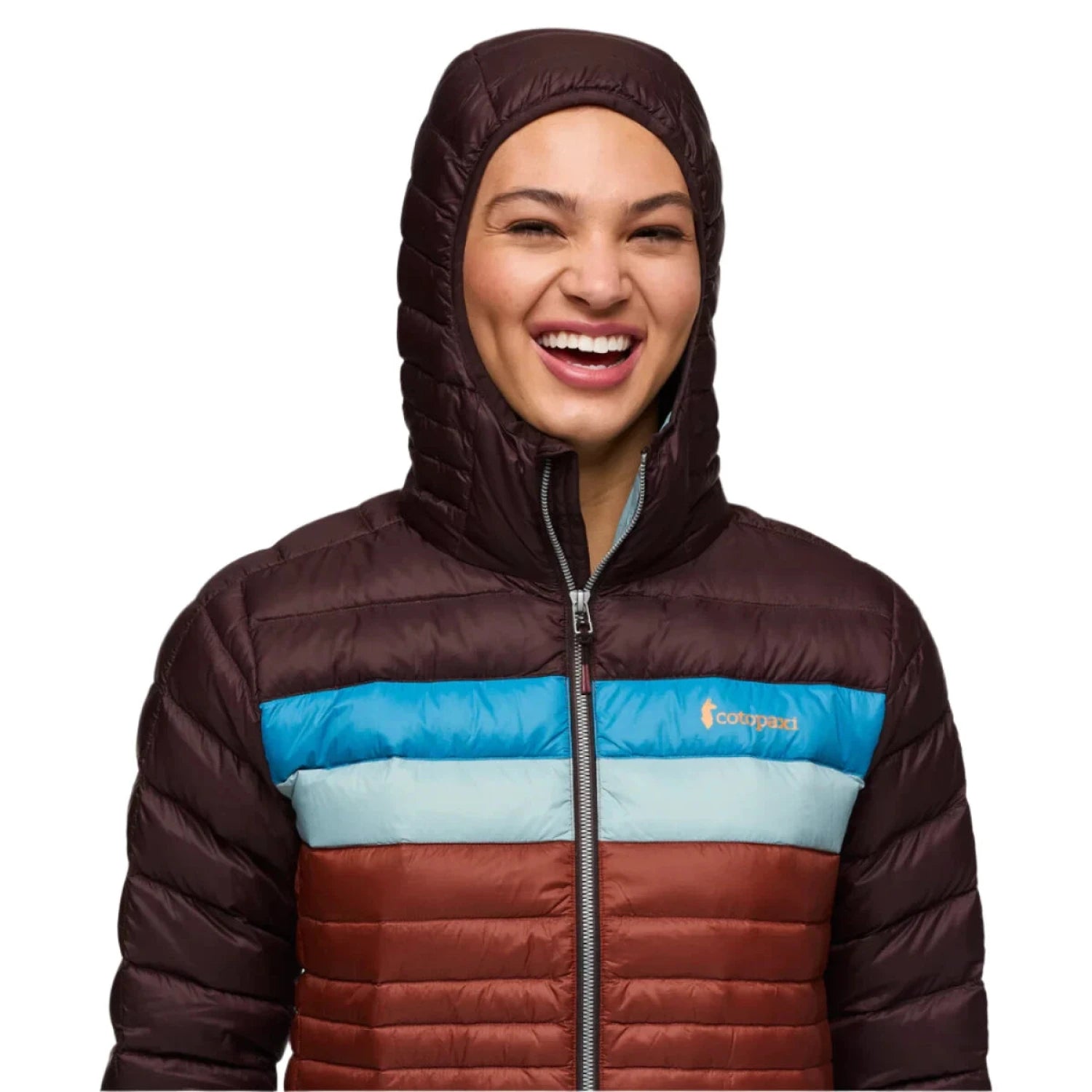 Cotopaxi Women's Fuego Hooded Down Jacket, Coffee/Rusty. Front view.