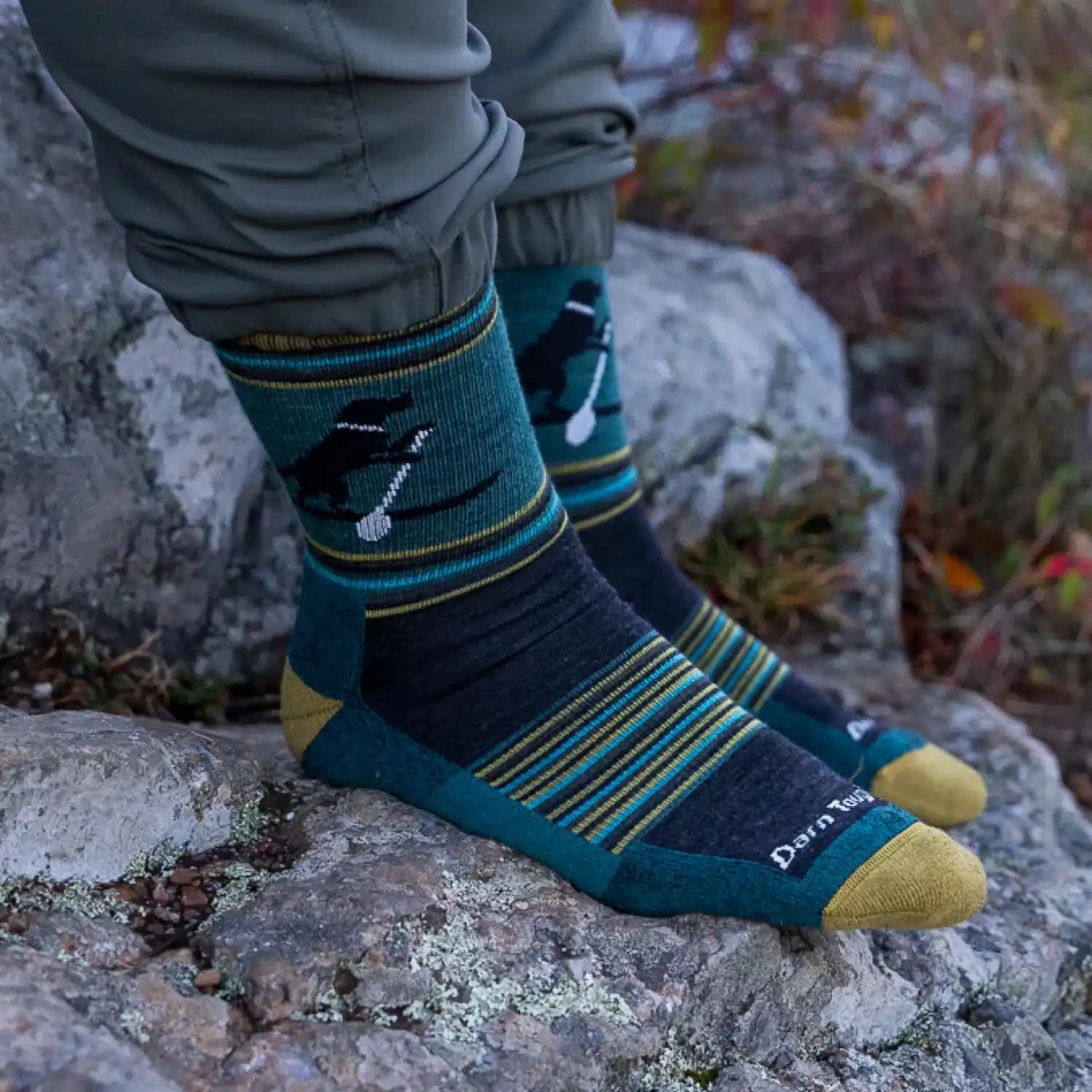 Darn Tough Men's Willoughby Micro Crew Lightweight Hiking Socks in Dog Pond, side and top view on model