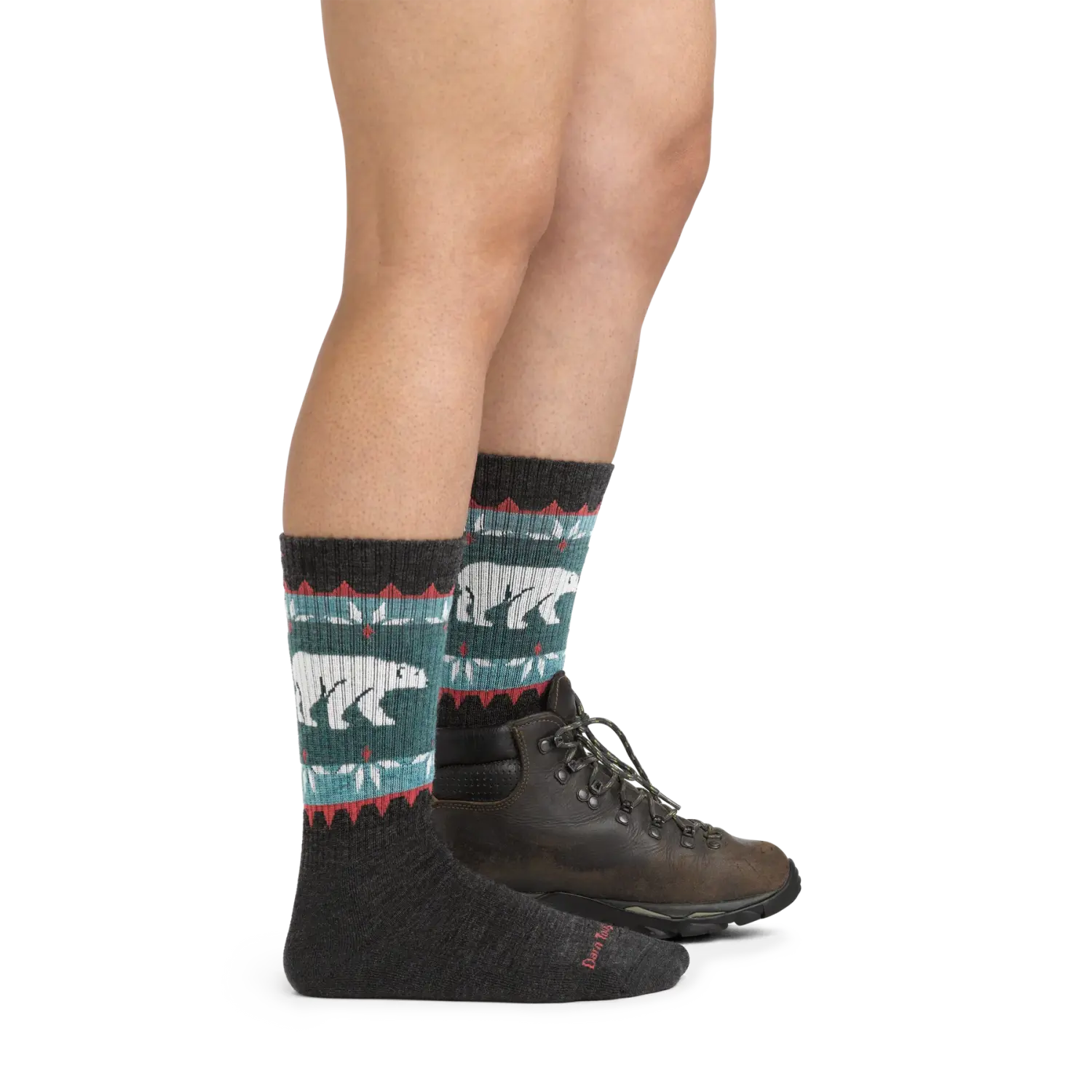 Darn Tough Women's Vanna Grizzle Boot Midweight Hiking Sock shown in the Charcoal color option. Shown on model. 