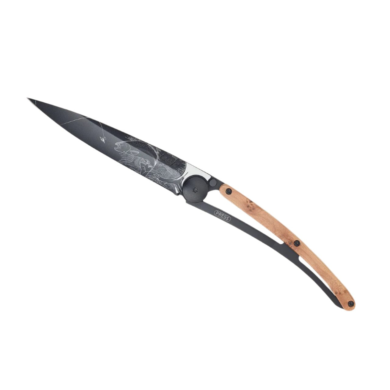 deejo 37g juniper wood trout knife front flat open view