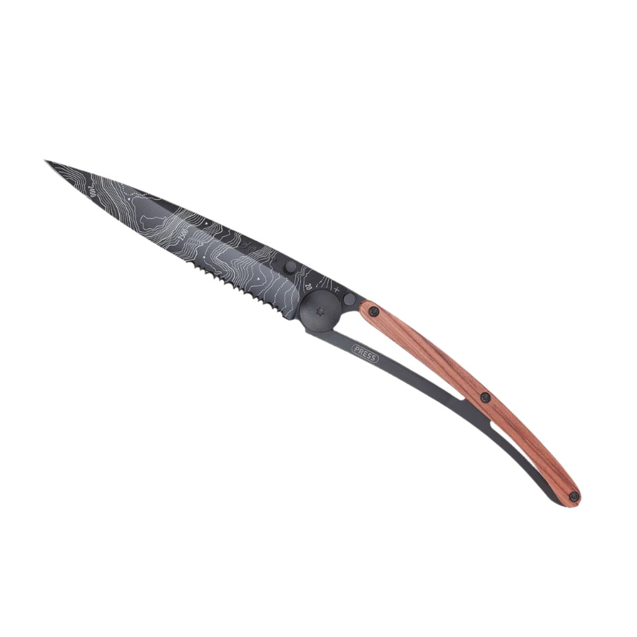 deejo 37g serrated coral topography knife front flat open view