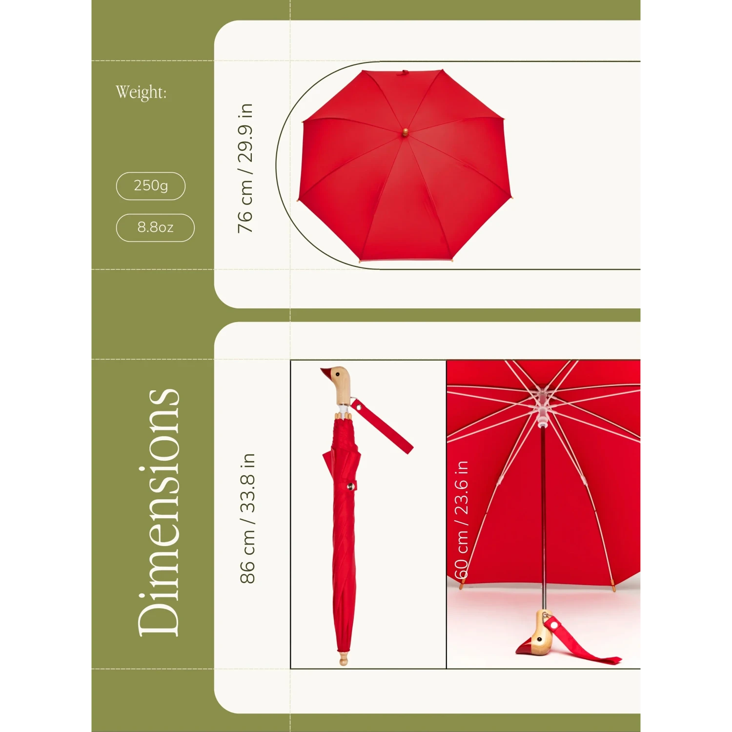 Original Duckhead Duckling Kids Umbrella in red, dimensions view