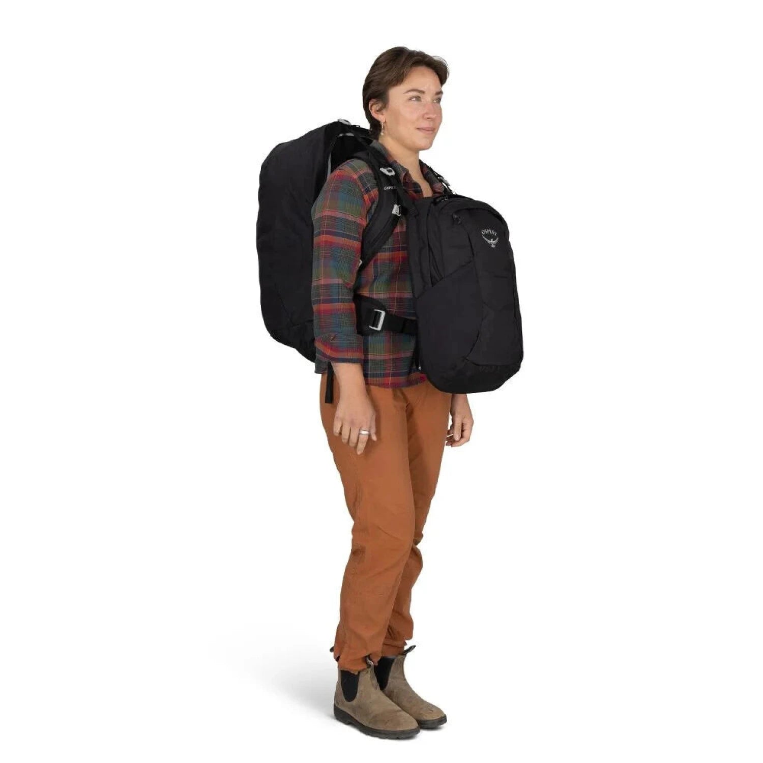 Osprey Fairview™ 55 Travel Pack in black, on model tiny ack in front