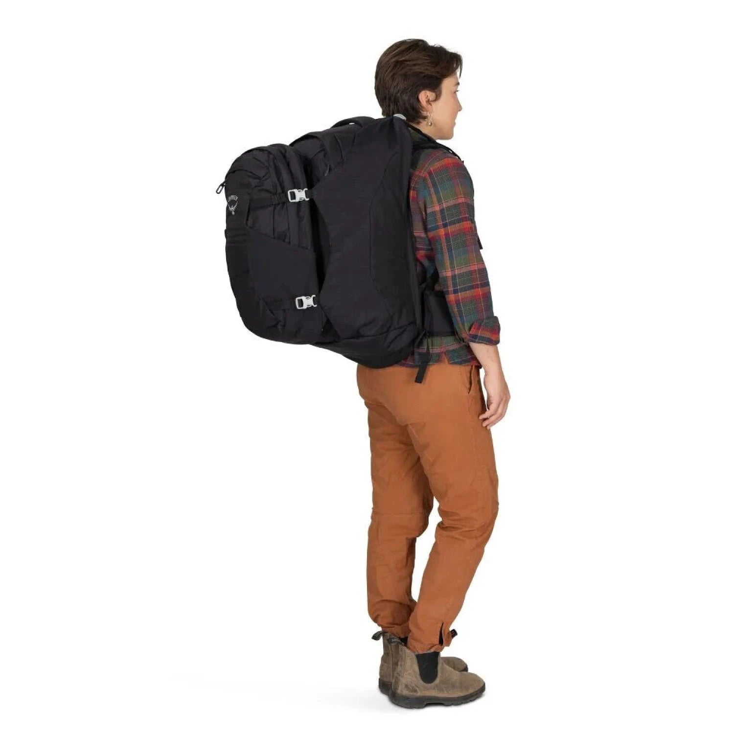 Osprey Fairview™ 55 Travel Pack in black, on model back