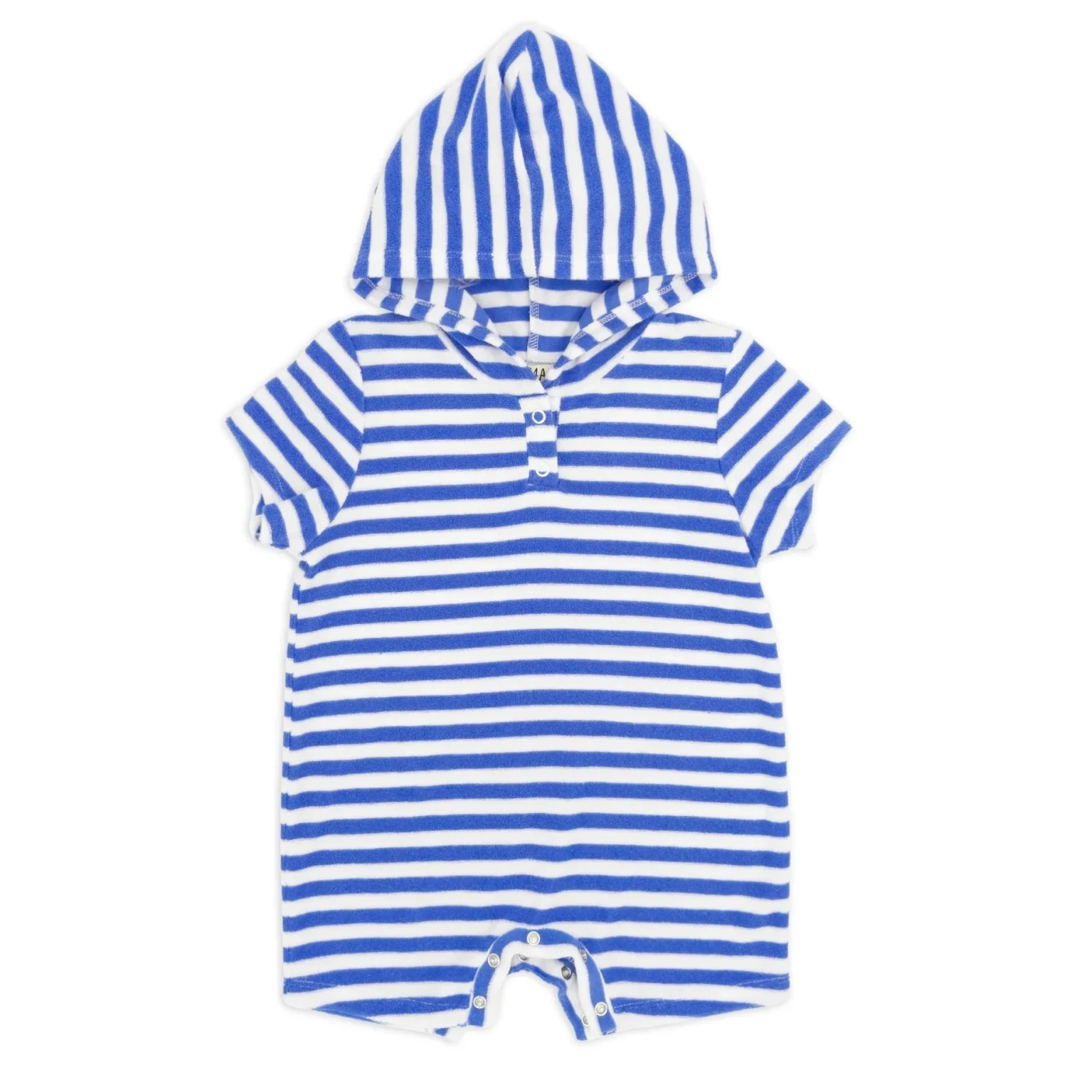 Feather 4 Arrow Baby Finn Romper in marina blue stripe, front view