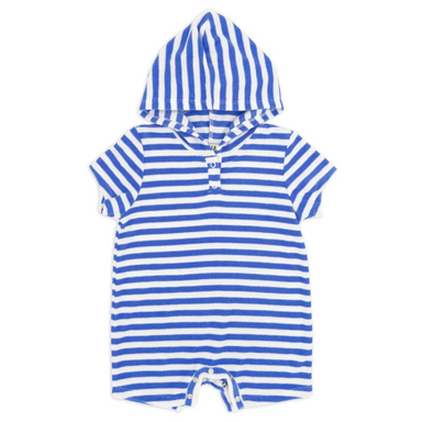 Feather 4 Arrow Baby Finn Romper in marina blue stripe, front view