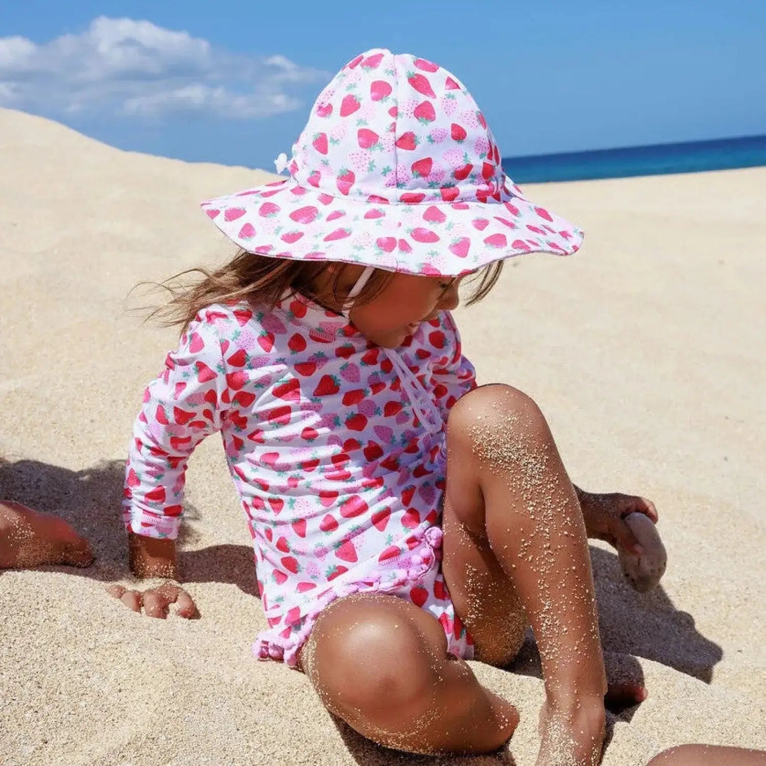 Feather 4 Arrow Baby Sandy Toes Rashguard Swim Set in strawberries multi, model front view