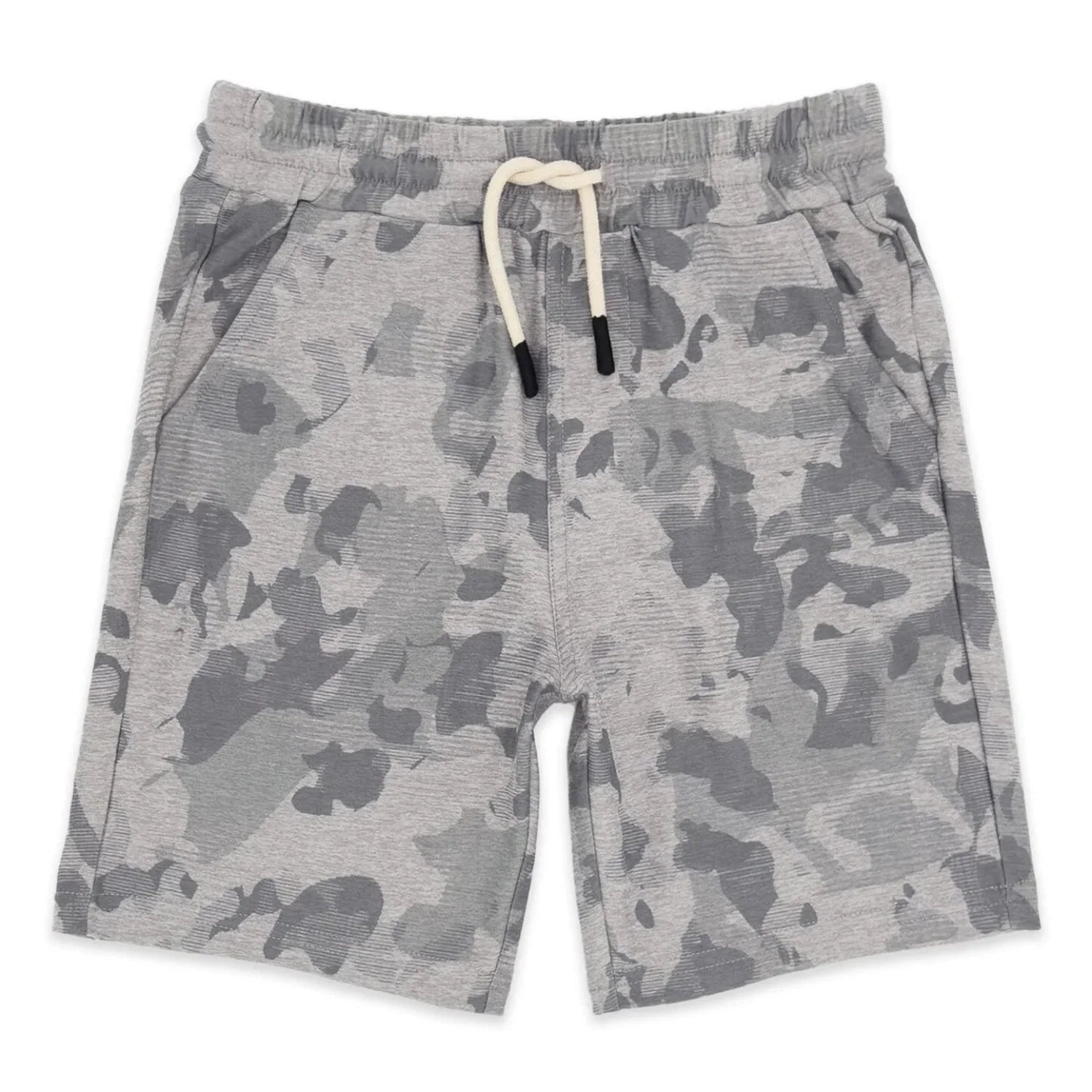 Feather 4 Arrow Boy's Lowtide Tech Short in heather grey camo, front view