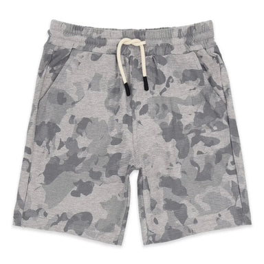 Feather 4 Arrow Boy's Lowtide Tech Short in heather grey camo, front view