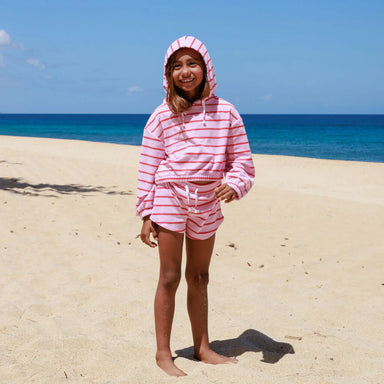 Feather 4 Arrow Girl's Vacay Days Hoody and weekend shorts in lilac sachet candy stripe, front model view