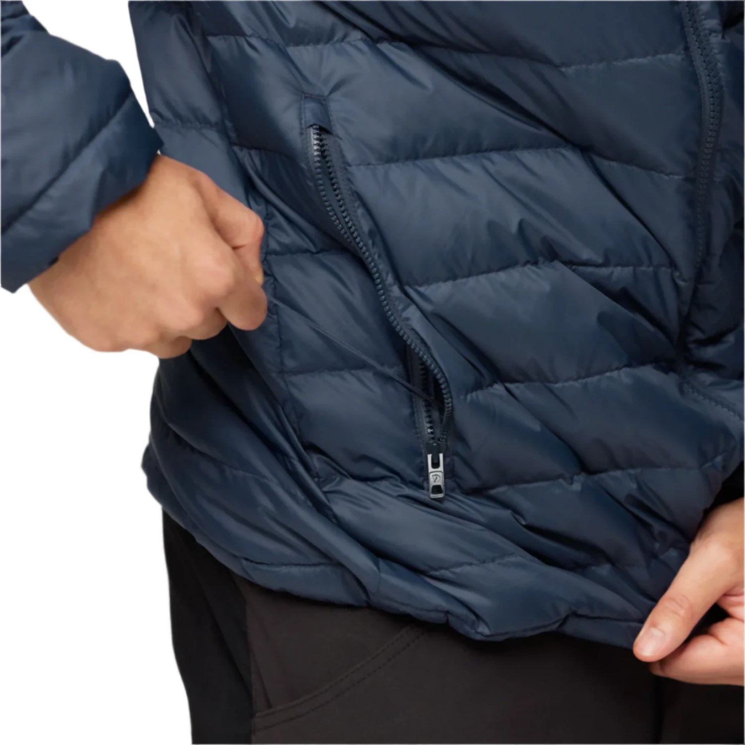 fjall raven mens expedition pack down hoodie in basalt front outer pocket close up model view