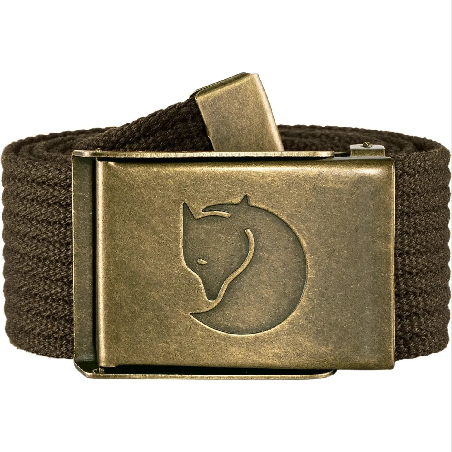 Fjällräven Canvas Brass Belt shown in the Dark Olive color option.