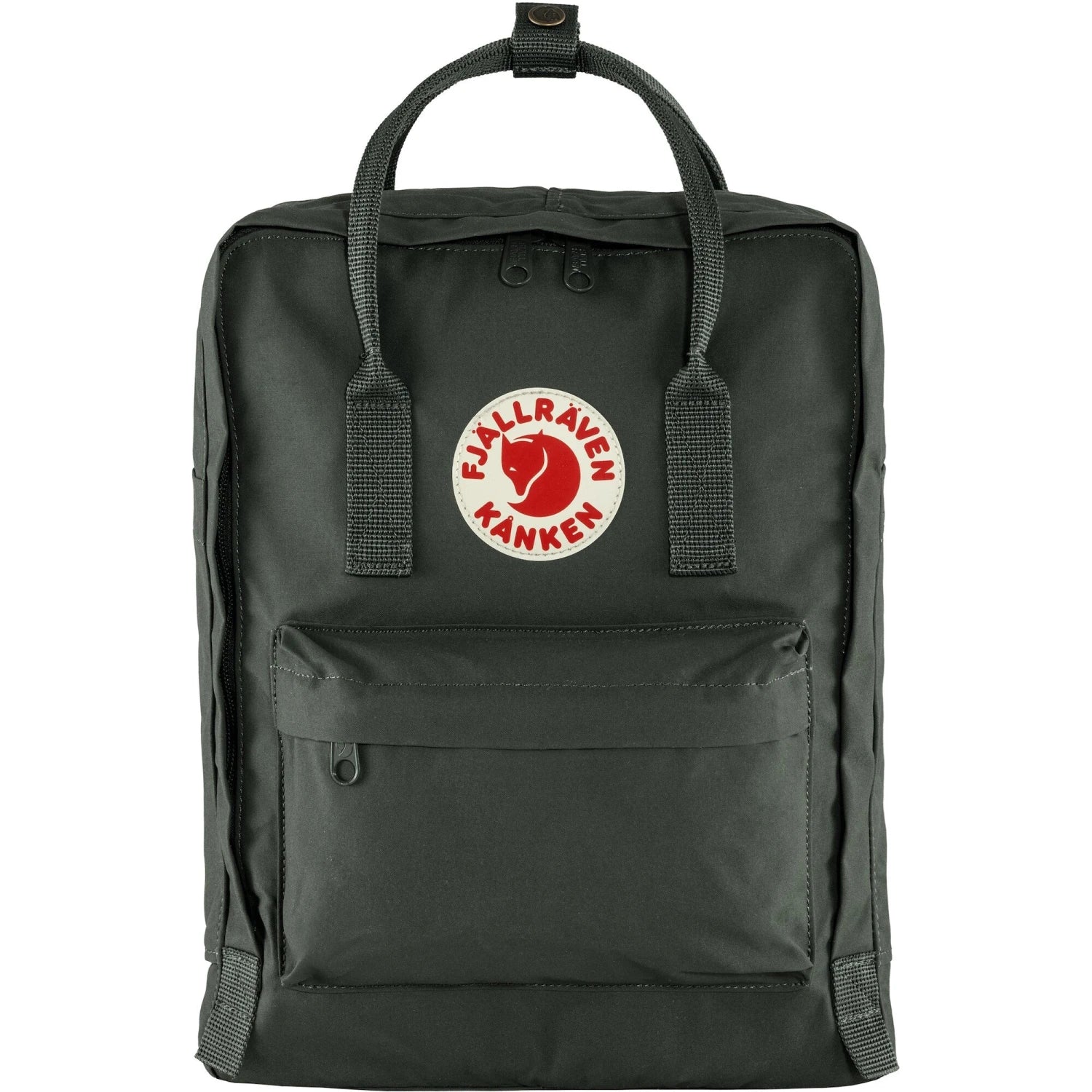 Fjallraven Kanken Backpack, Forest Green color, front view.