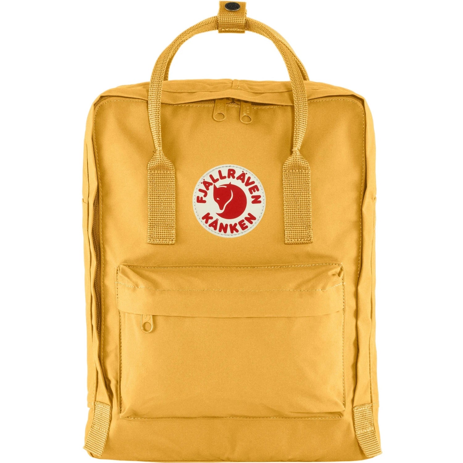 Fjallraven Kanken Backpack, Ochre color, front view.