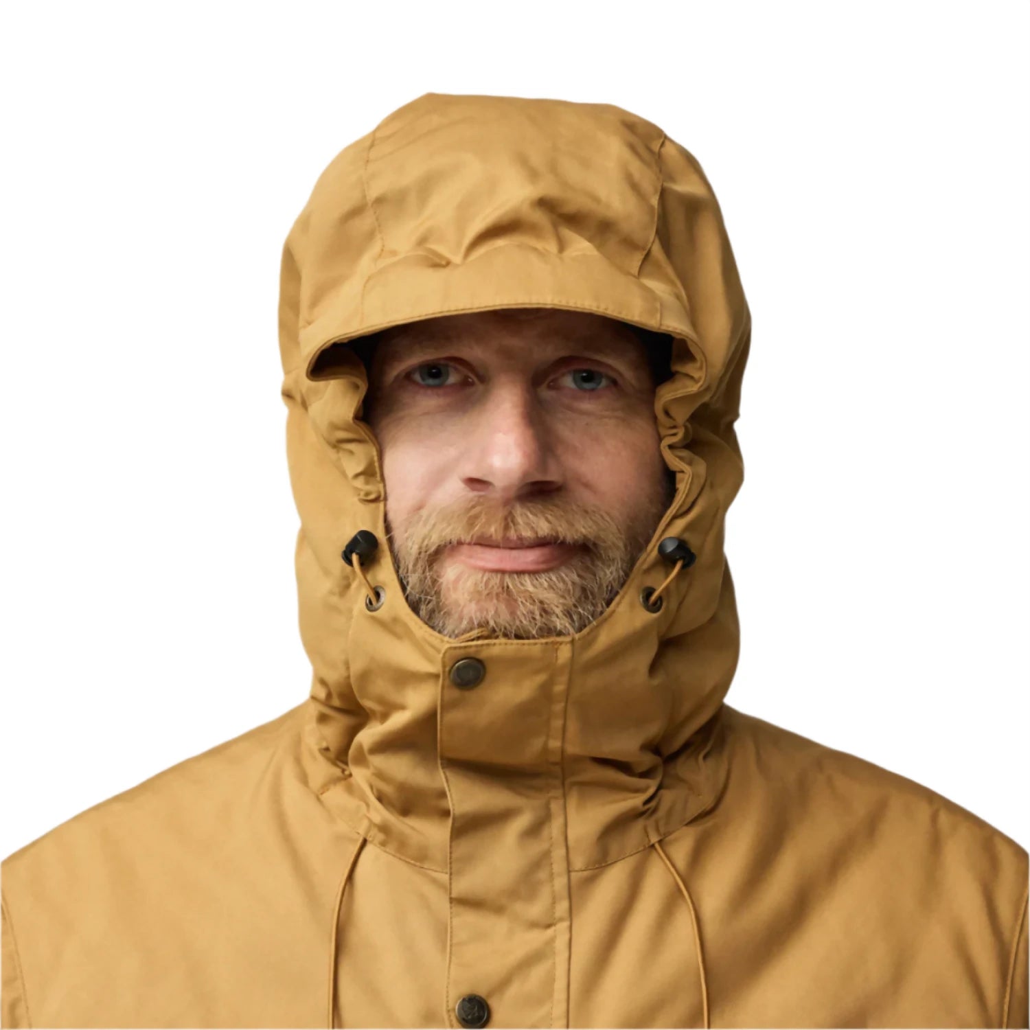 Fjällräven Men's Skogsö Padded Jacket in buckwheat brown front hood close model view