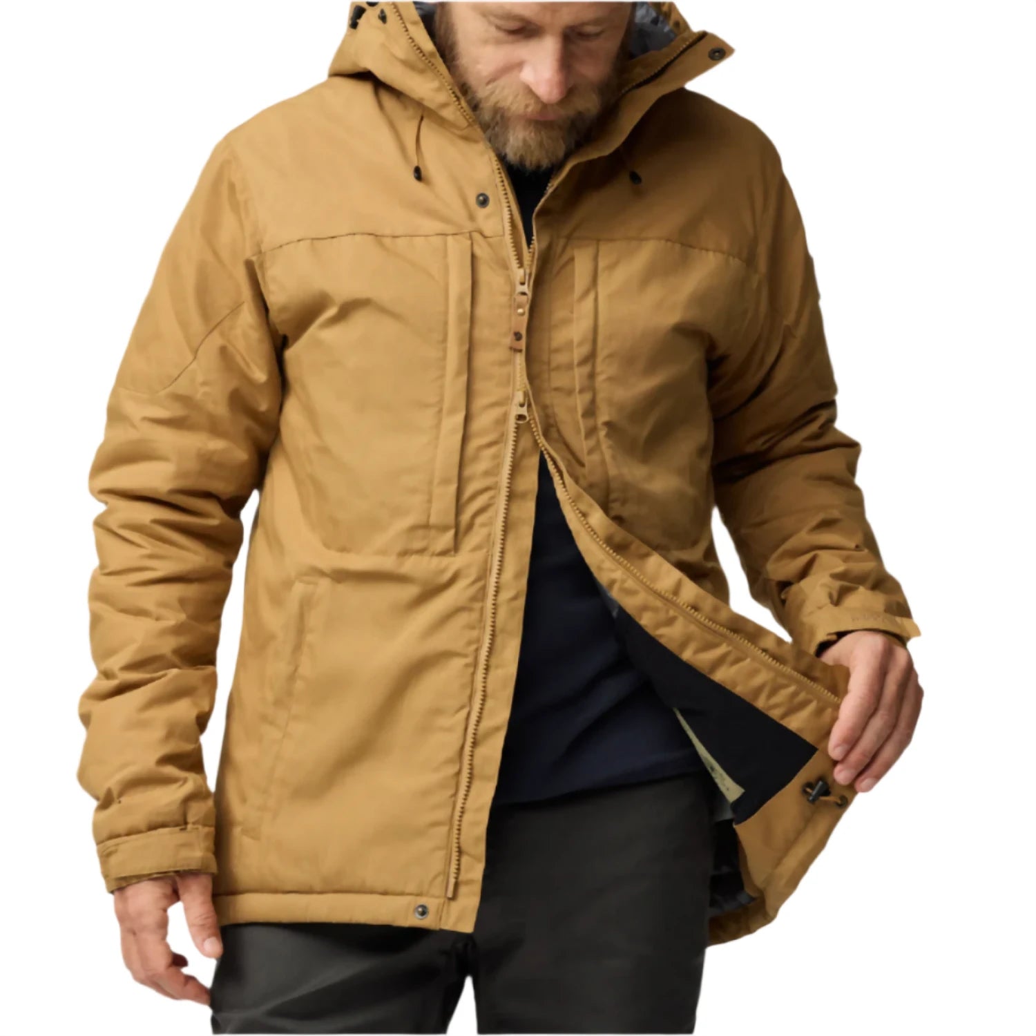 Fjällräven Men's Skogsö Padded Jacket in buckwheat brown front unzipped model view