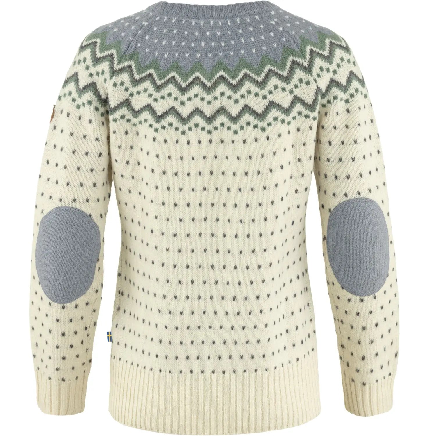 Fjällräven Women's Övik Knit Sweater shown in the Chalk White / Flint Grey color option. Back view. 