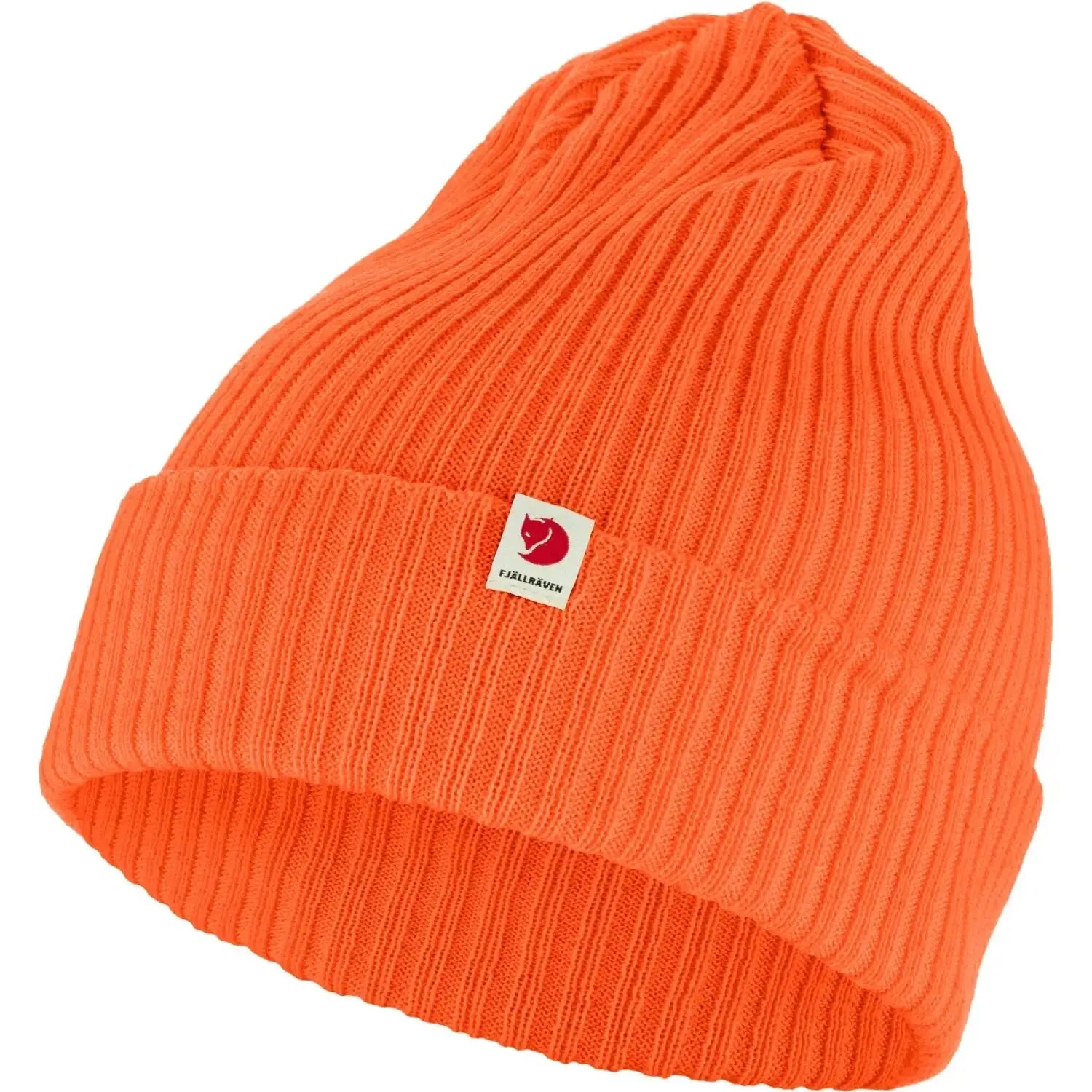 Fjällräven Rib Hat shown in the Safety Orange color option. Side view.