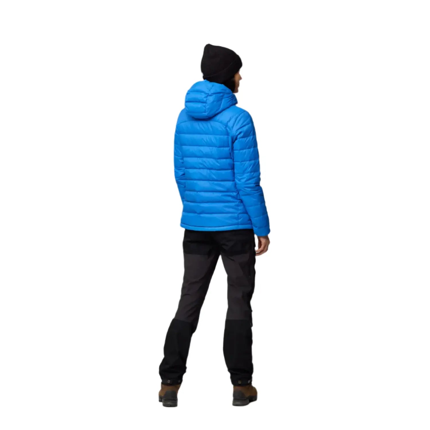 fjallraven womens expedition pack down hoodie in UN blue color back view worn by a model 