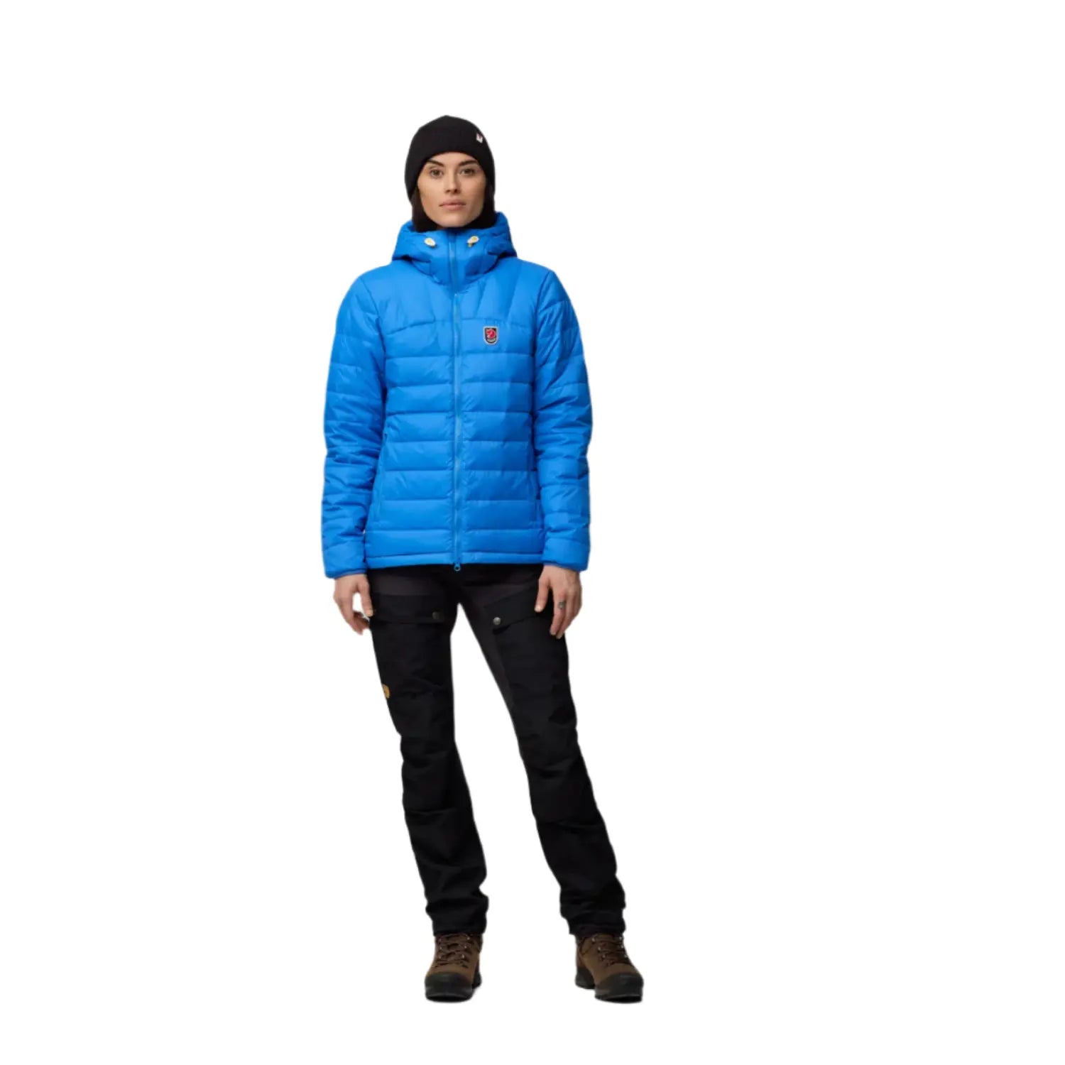 fjallraven womens expedition pack down hoodie in UN blue color front view worn by a model 