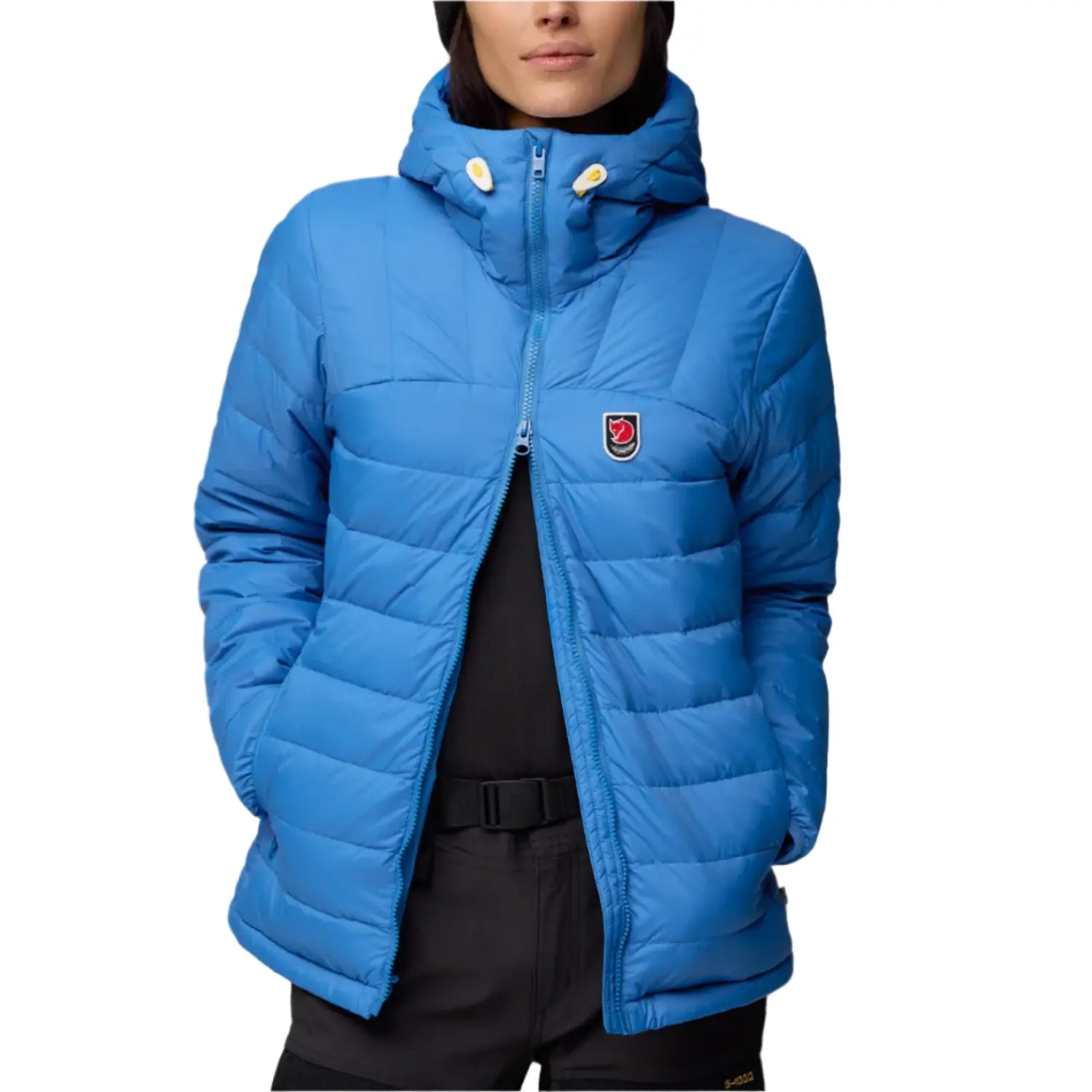 fjallraven womens expedition pack down hoodie in UN blue color front view unzipped worn by a model 