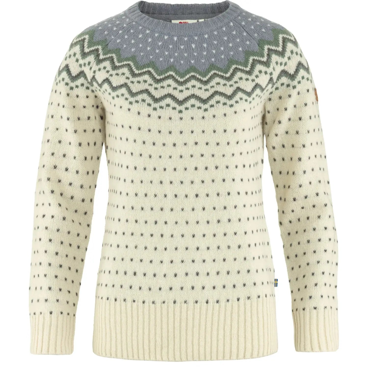 Fjällräven Women's Övik Knit Sweater shown in the Chalk White / Flint Grey color option. Front view. 