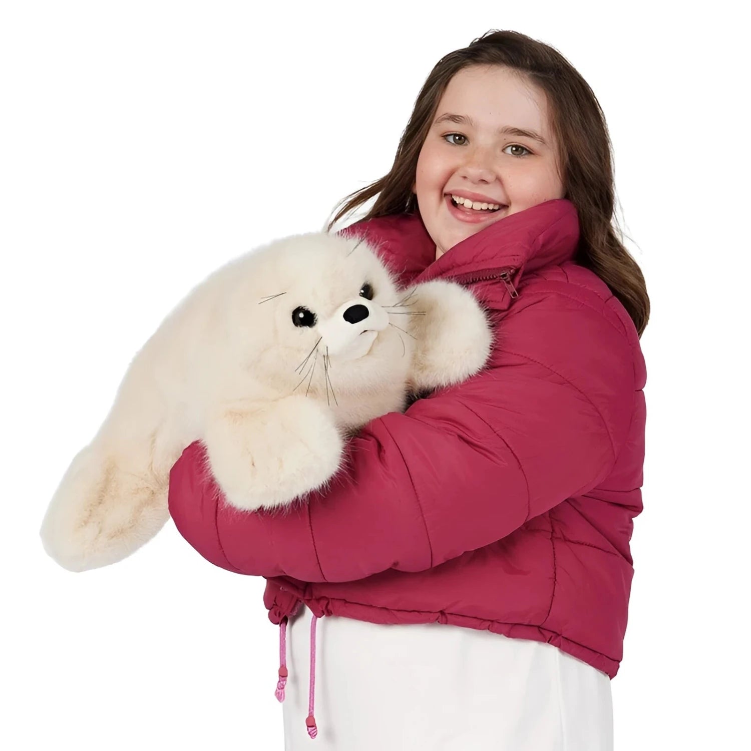 Folkmanis Harp Seal Pup Hand Puppet, held by model