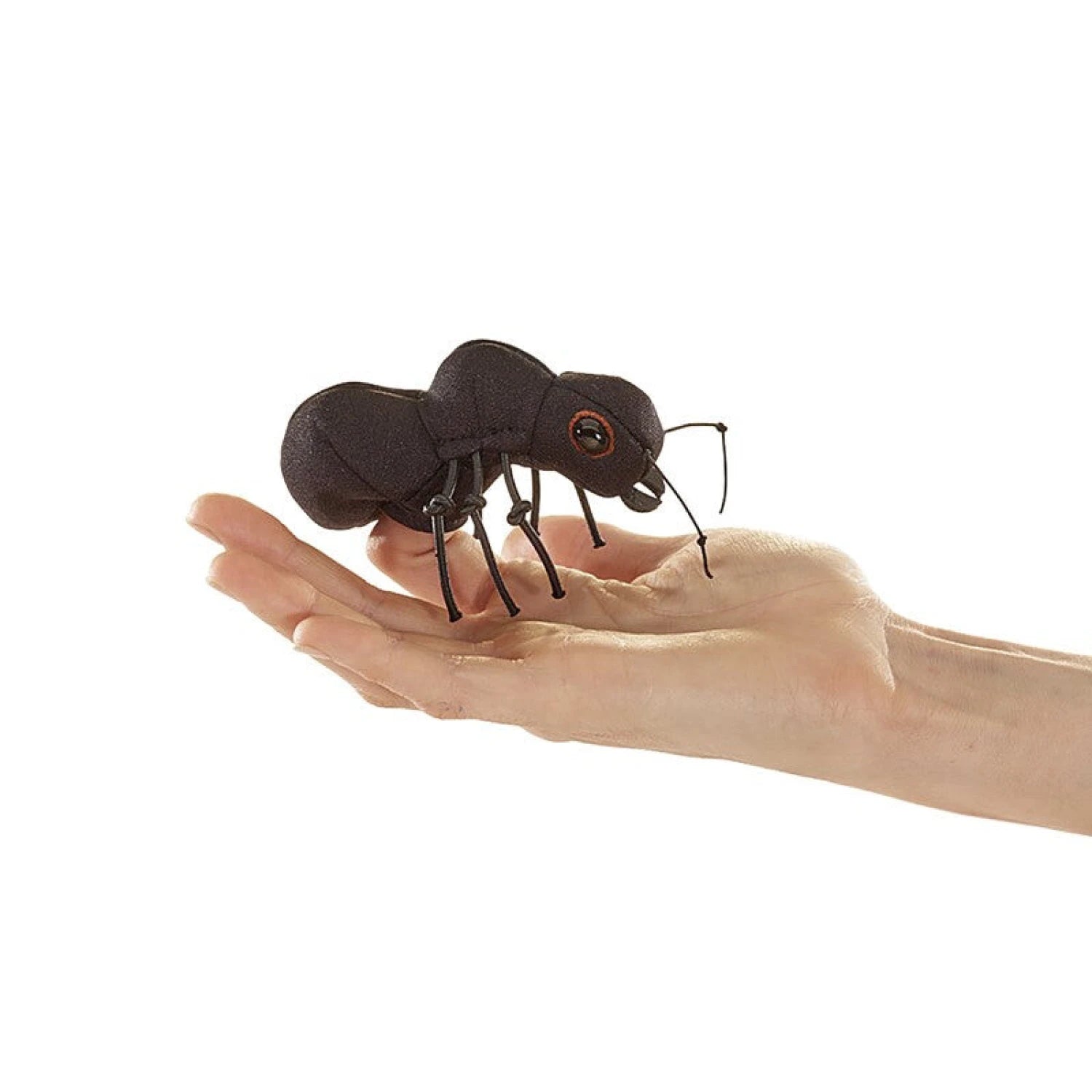 Folkmanis Mini Ant Finger Puppet, side view on finger