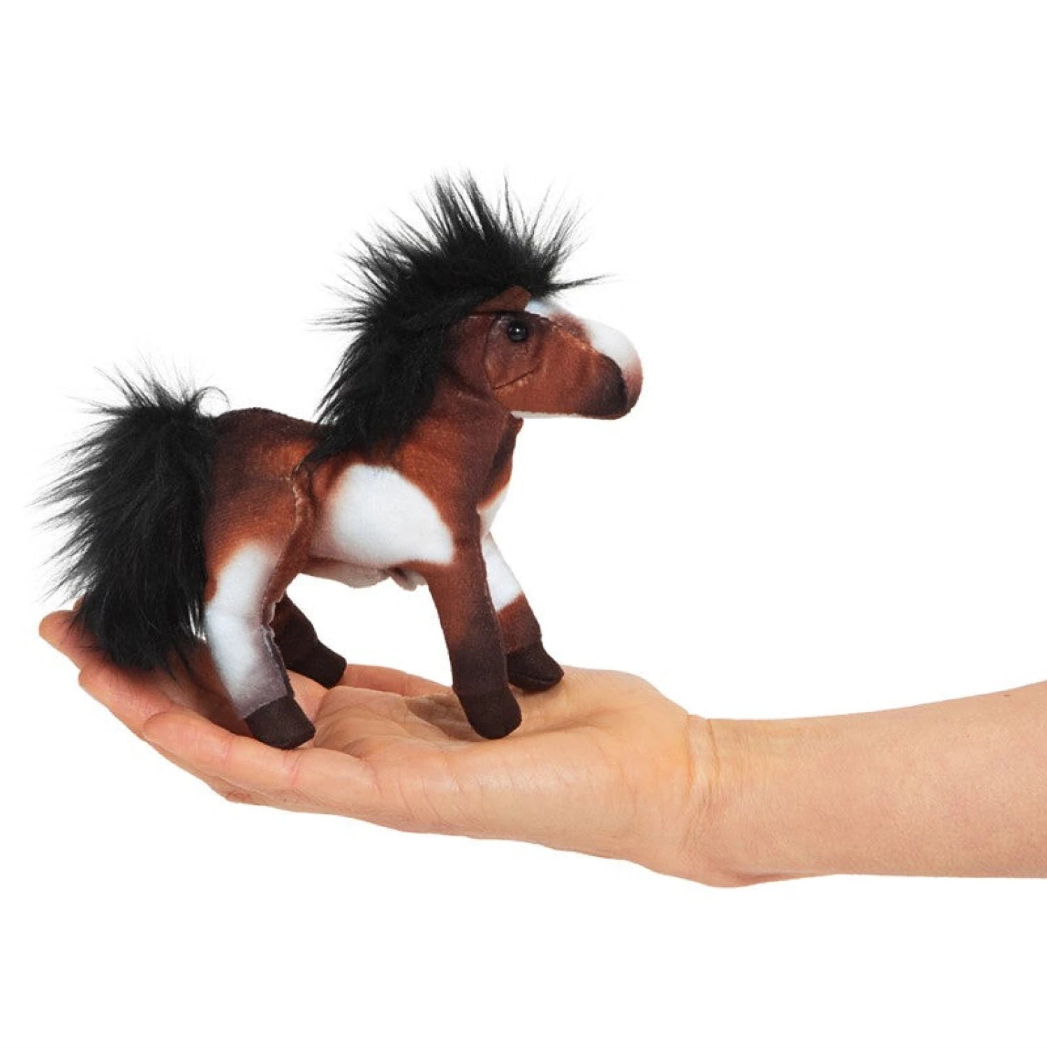 Folkmanis Mini Horse Puppet, side view on hand model.