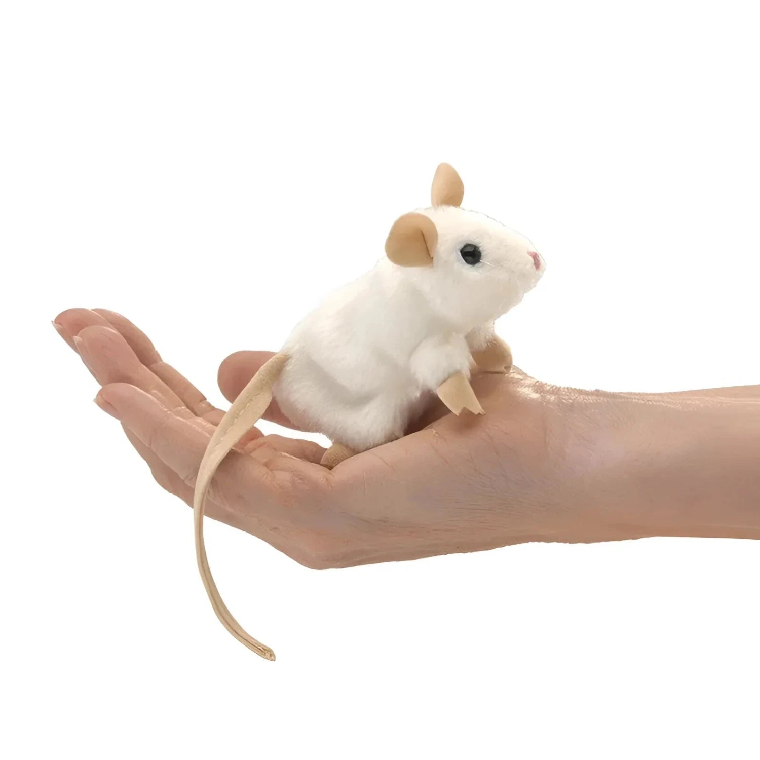 Folkmanis Mini White Mouse Finger Puppet in model's hand