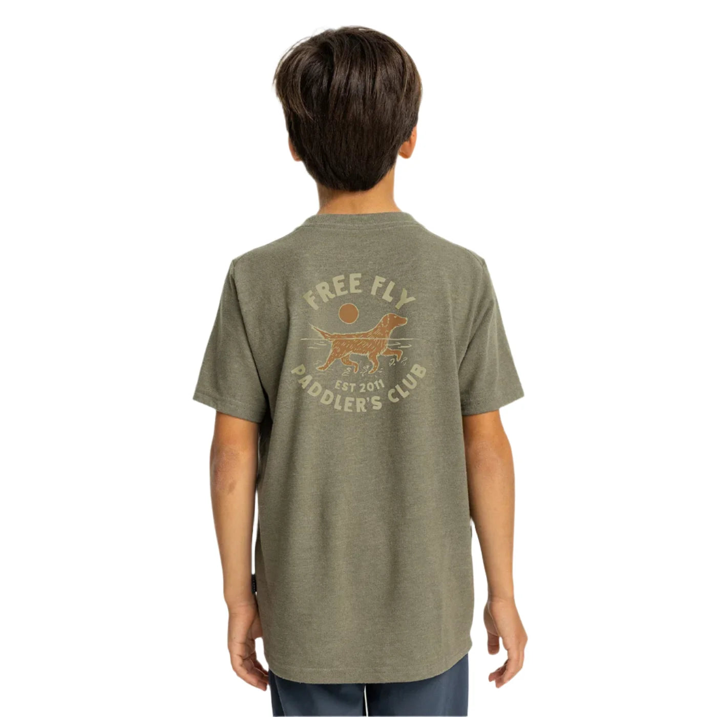 free fly boys paddlers club tee in heather fatigue back model view