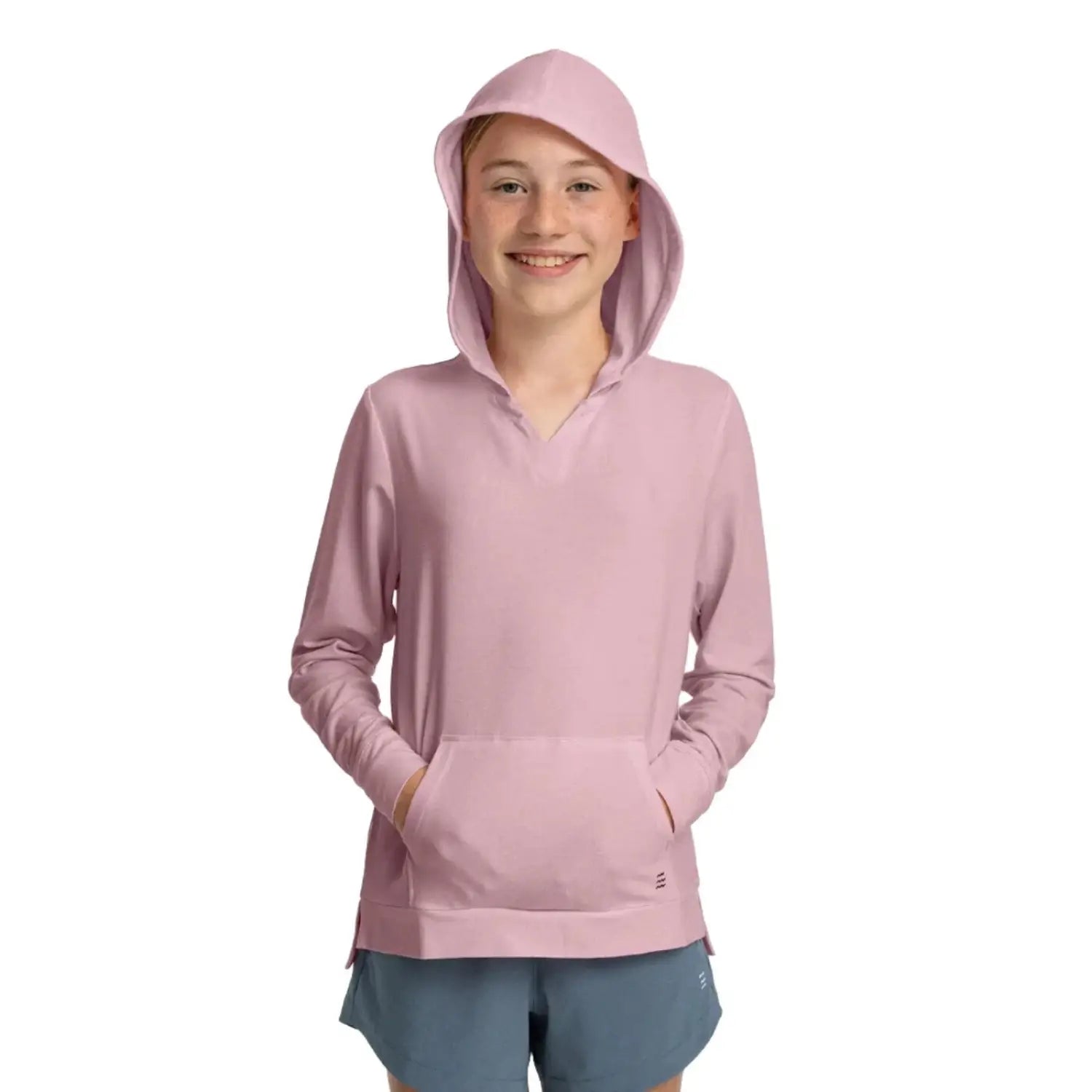 Free Fly K's Bamboo Shade Hoodie, Lilac, front view on model with hood up