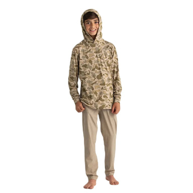 Free Fly K's Bamboo Shade Hoodie, Barrier Island Camo, front view on model