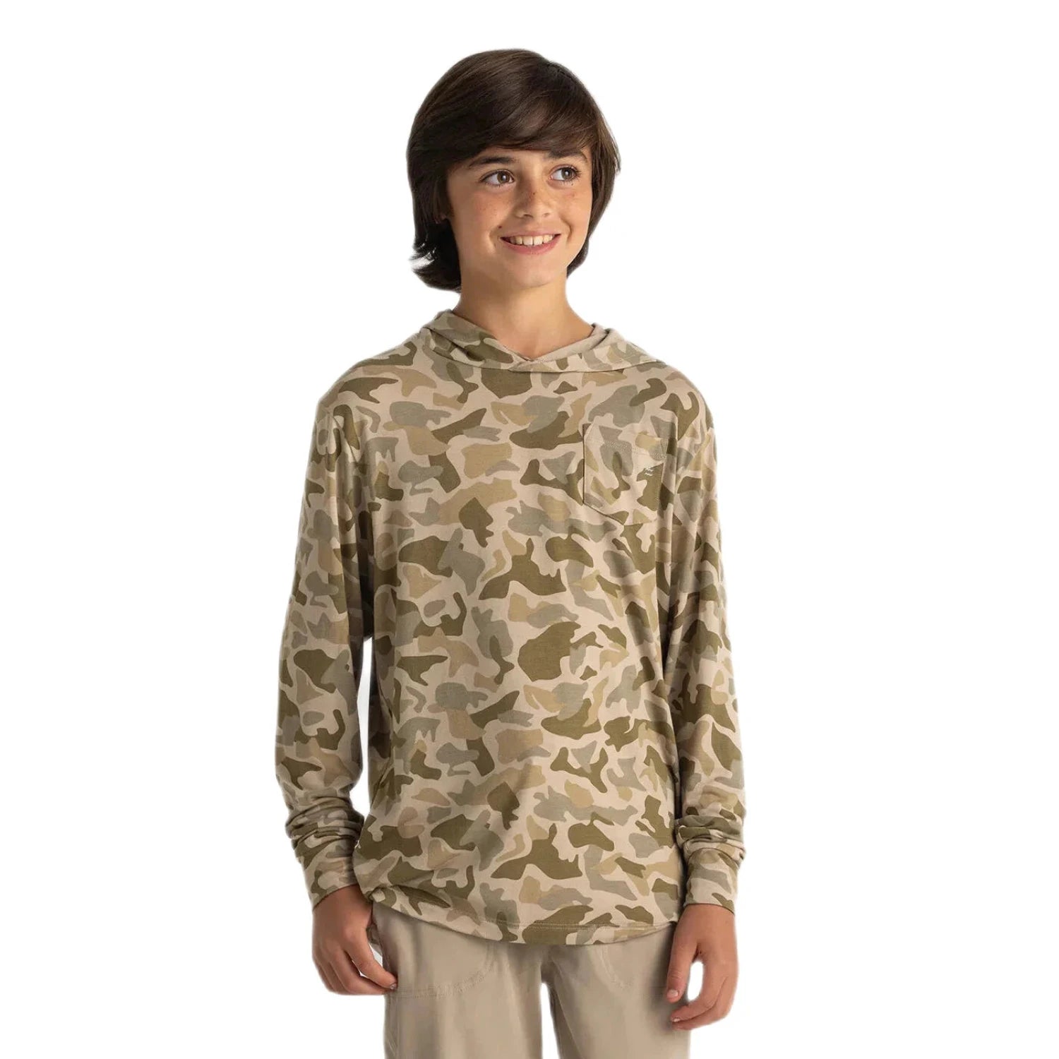 Free Fly K's Bamboo Shade Hoodie, Barrier Island Camo, front view on model 