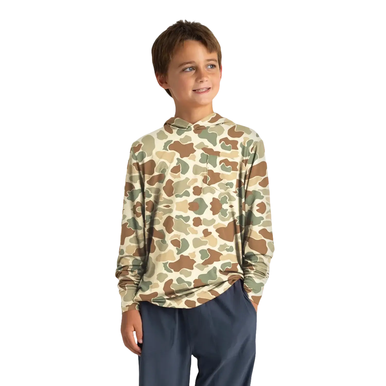 Free Fly Kid's Bamboo Shade Hoodie in vintage camo, model front view