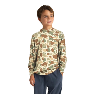 Free Fly Kid's Bamboo Shade Hoodie in vintage camo, model front view