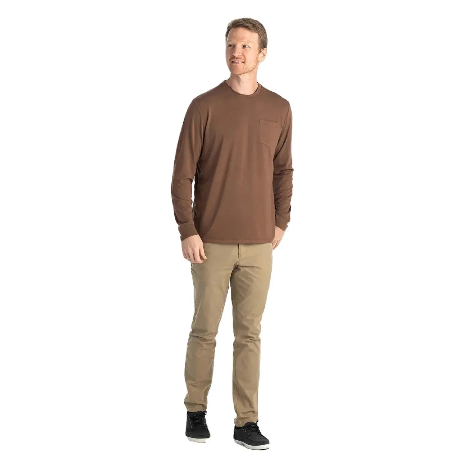Free Fly M's Bamboo Flex Long Sleeve Pocket Tee, Mustang, front view on model