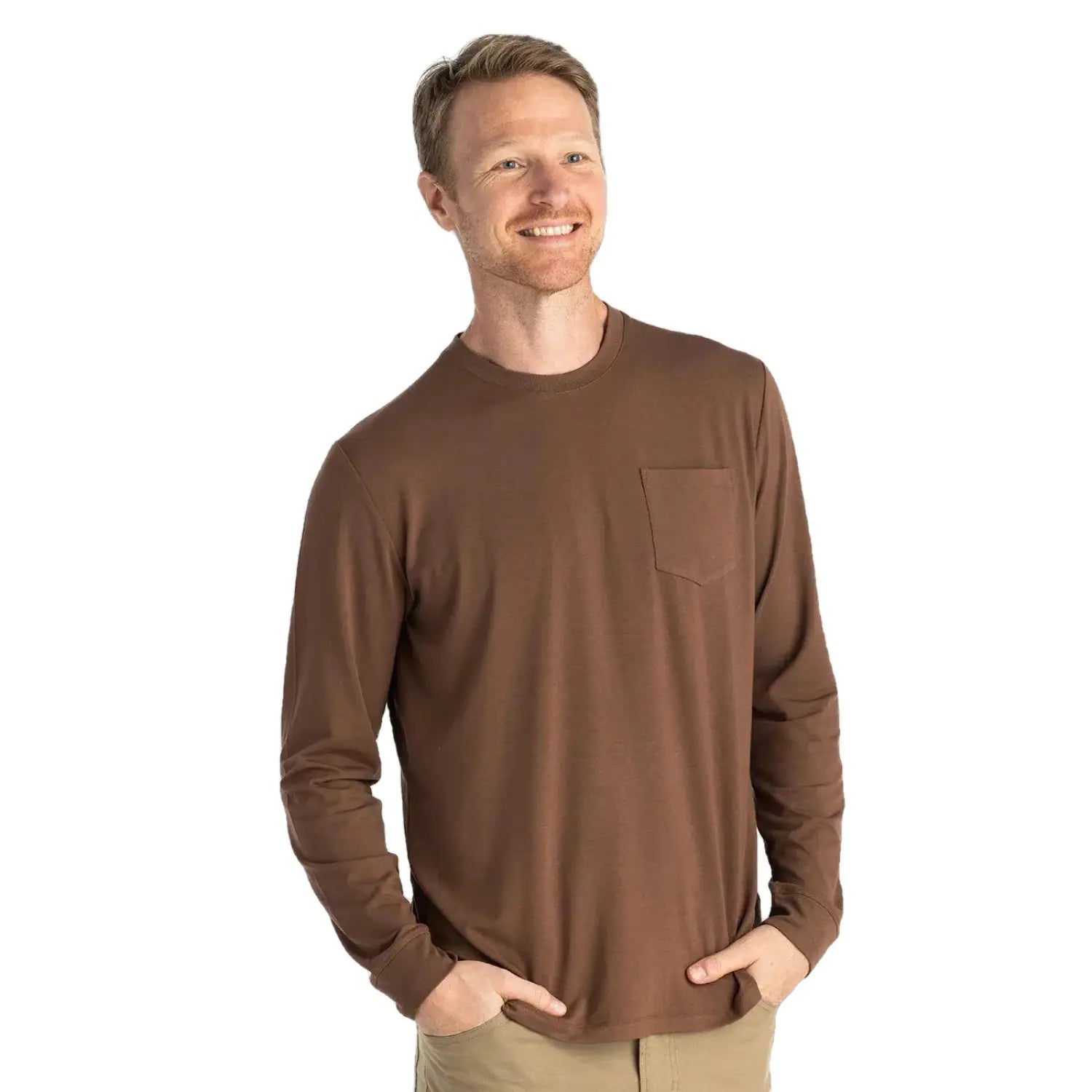 Free Fly M's Bamboo Flex Long Sleeve Pocket Tee, Mustang, front view on model
