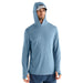 Free Fly M's Bamboo Shade Hoodie, Heather Slate Blue, front view on model with hood up 