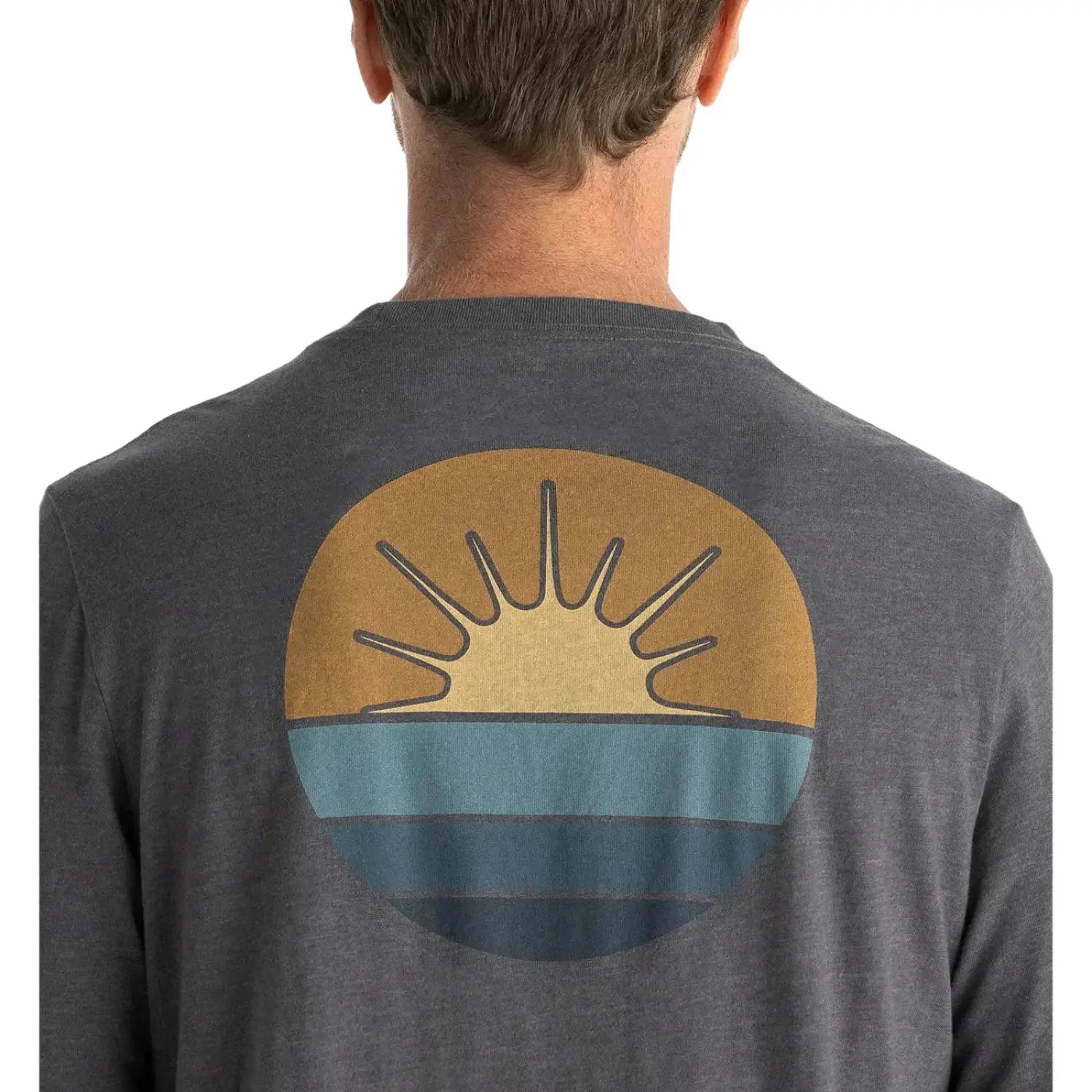 Free Fly M's Low Light Long Sleeve, Heather Black Sand, view of graphic on back of model
