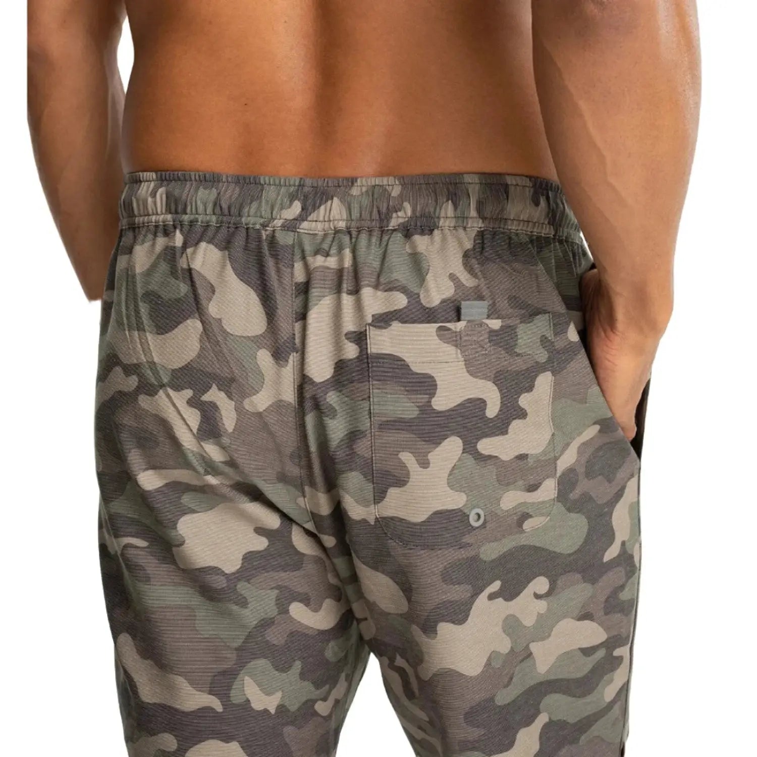 Free Fly M's Reverb Short, Woodland Camo Print, back view on model 