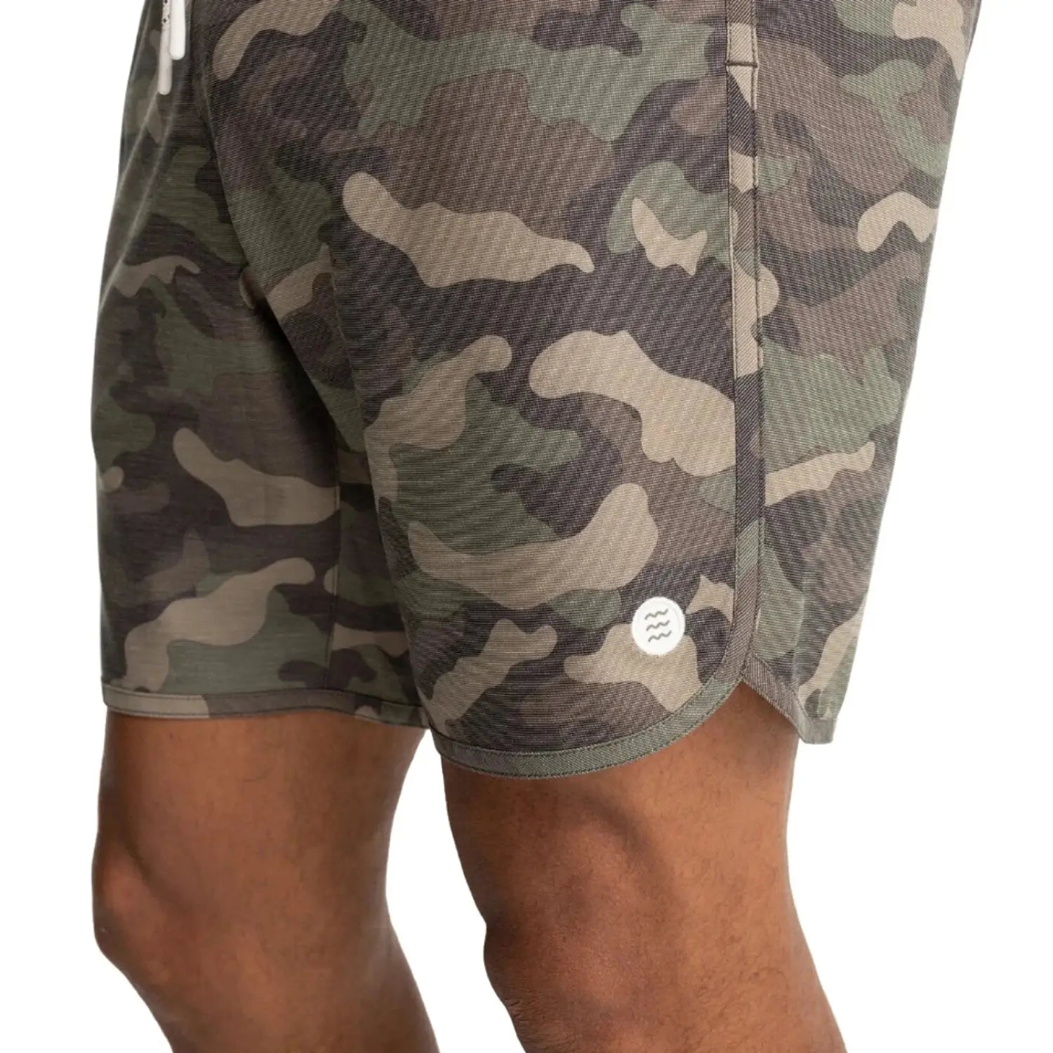 Free Fly M's Reverb Short, Woodland Camo Print, side view on model 