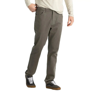 Free Fly M's Stretch Canvas 5 Pocket Pant, Smokey Olive, front view on model up close 