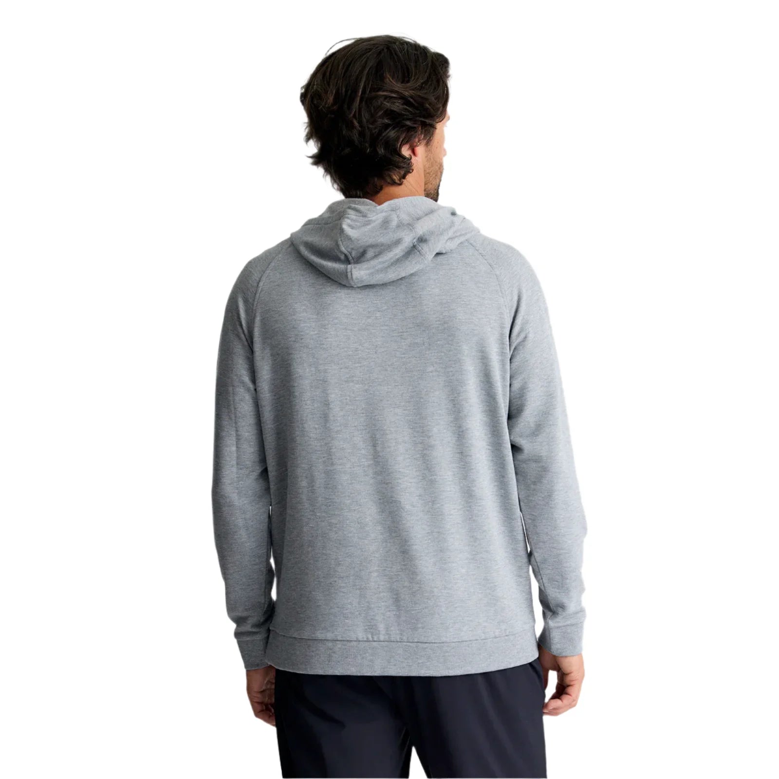 free fly mens bamboo lightweight fleece hoodie in heather grey back model view