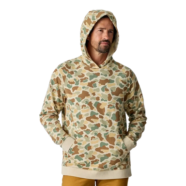 Free Fly Men's Bamboo Lightweight Fleece Hoodie in vintage camo, on model hood up
