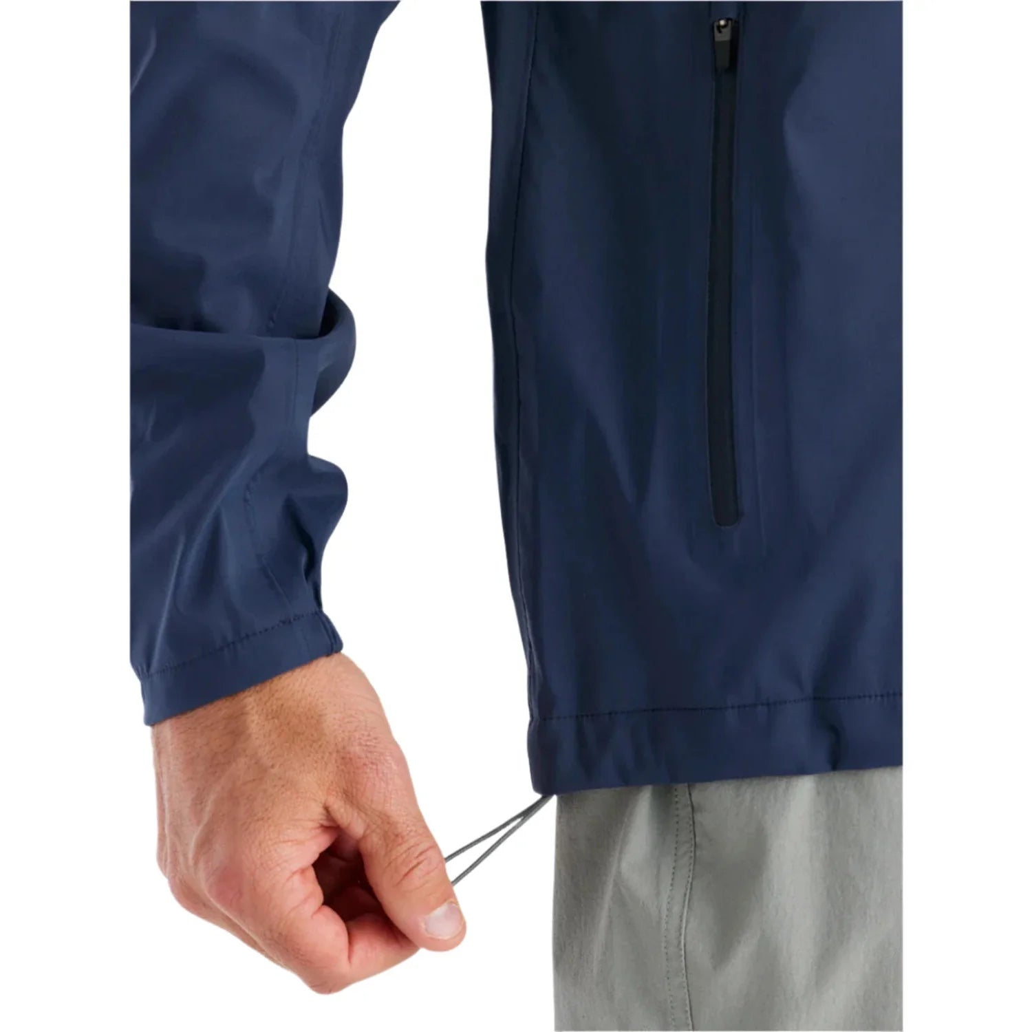 free fly mens cloudshield rain jacket in storm cloud front waist cinch model view