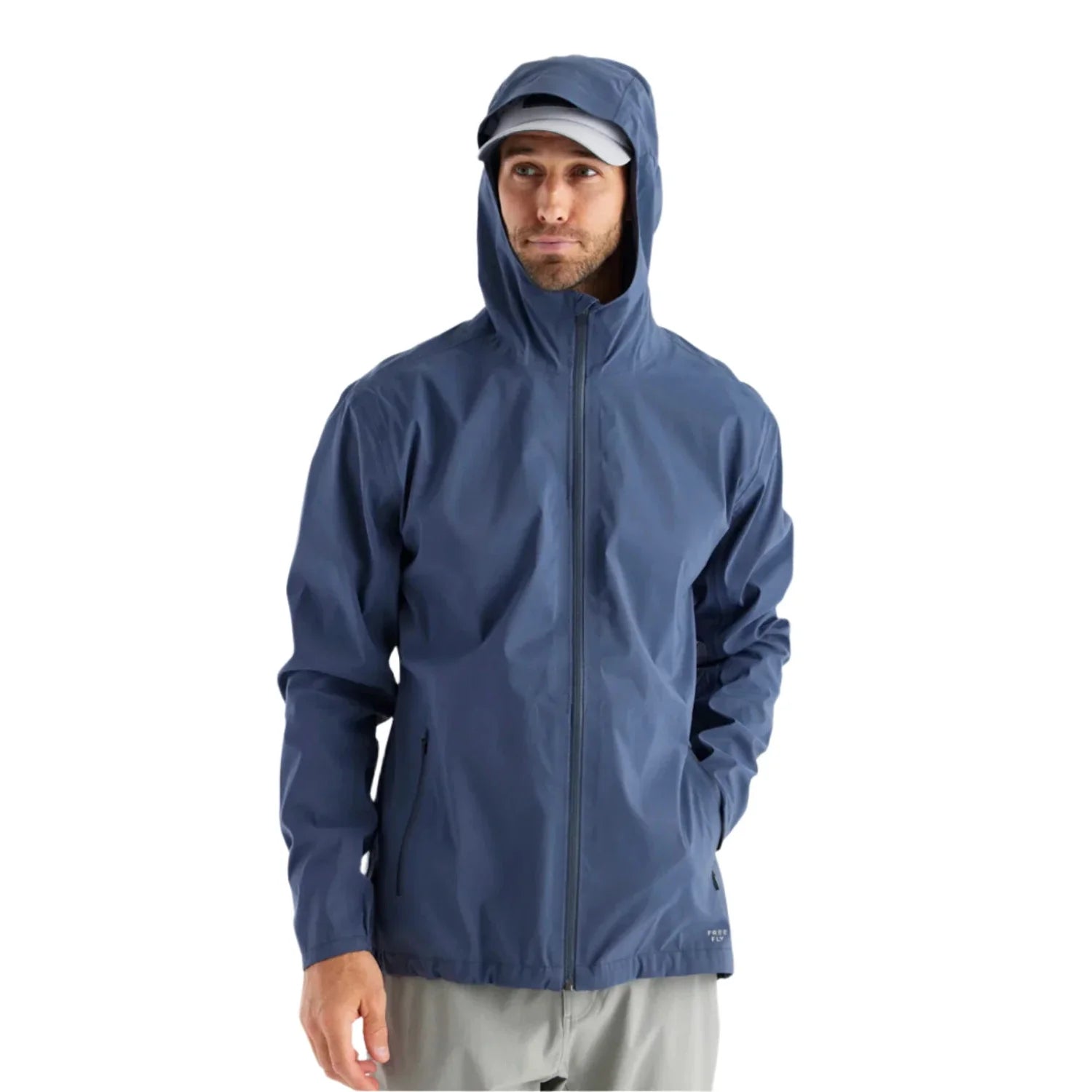 free fly mens cloudshield rain jacket in storm cloud front model view